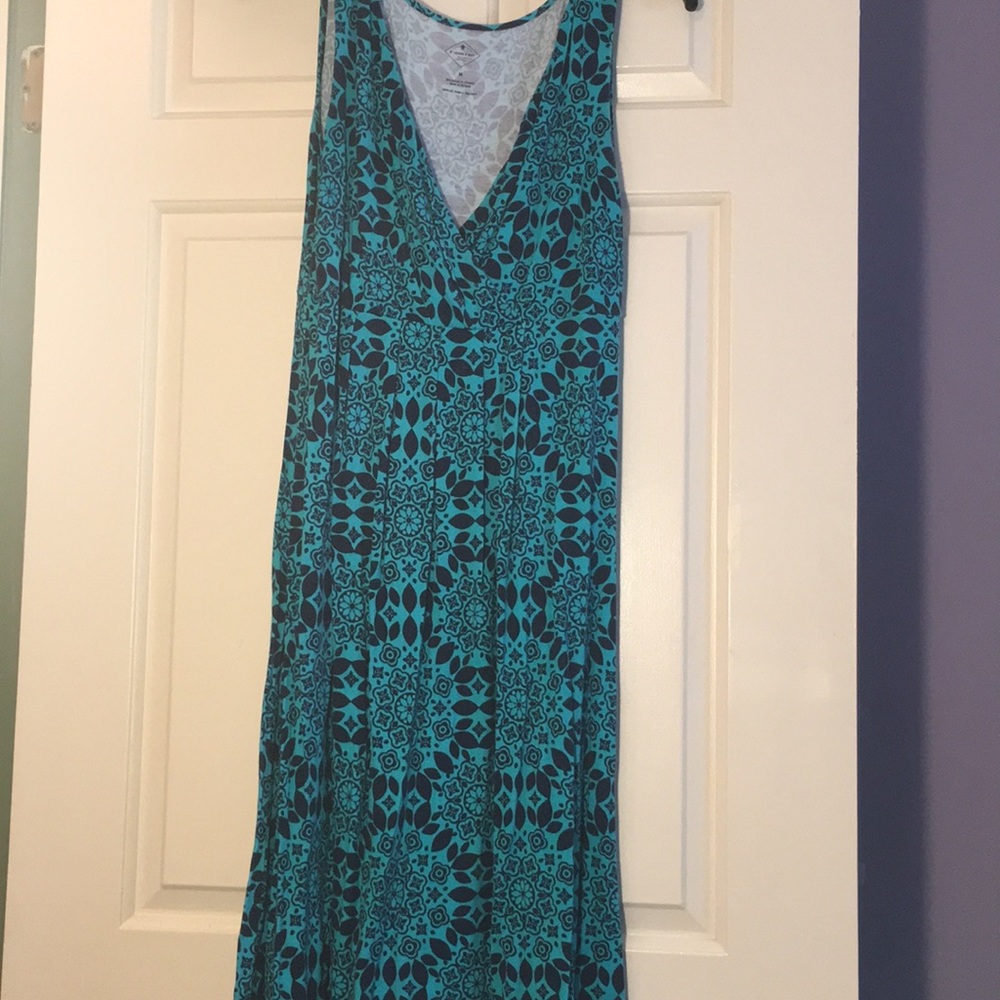 Turquoise and black patterned low cut long dress
